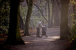 A young father checking his baby boy in a stroller, in the park