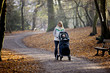 A young mother pushing a stroller in the park