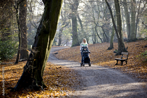 Photo: A young mother pushing a stroller in the park A young mother pushing a stroller in the park