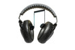 Black professional headphones and music isolated on white