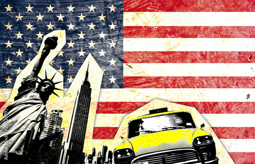 Ilustración: drapeau américain avec statue de la liberté taxi jaune drapeau américain avec statue de la liberté taxi jaune