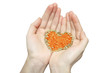 lentils in the shape of a heart in hands isolated on white
