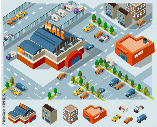 Vector: Mall and Grocery center Isometric Mall and Grocery center Isometric