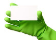 Hand in green glove showing business card