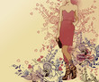 vector background with    a  girl dressed in a red  dress