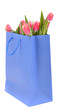 Blaue Tüte mit rosa Tulpen