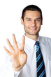 Happy smiling businessman showing four fingers, isolated Happy smiling businessman showing four fingers, isolated