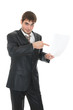 smiling young businessman holding a sheet of paper
