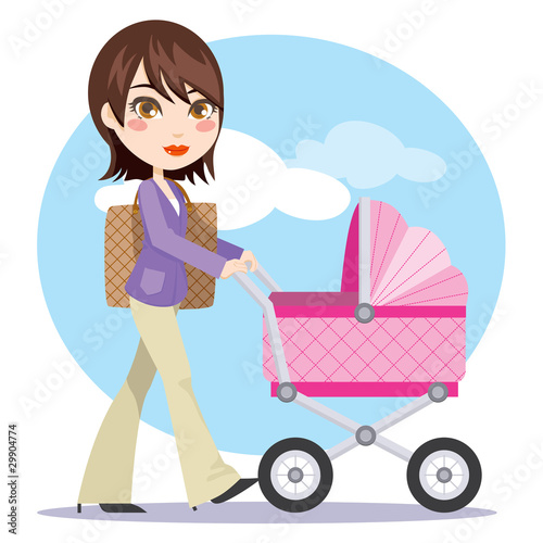 Vector: Young businesswoman mother pushing her baby carriage Young businesswoman mother pushing her baby carriage