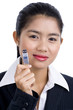 Photo: business woman with usb stick business woman with usb stick