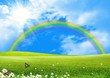 Illustration: Rainbow over a green glade the blue sky and the sun Rainbow over a green glade the blue sky and the sun