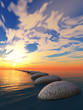 rock in water and yellow sunset