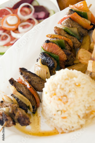 Photo: beef shish kabob on skewer with rice Nicaragua beef shish kabob on skewer with rice Nicaragua
