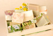 group of handmade soap in wooden box group of handmade soap in wooden box