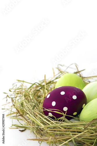 Photo: rotgepunktetes osterei mit grünen ostereiern, nest, hochformat rotgepunktetes osterei mit grünen ostereiern, nest, hochformat