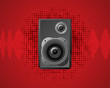 Speaker on dot pattern red background.