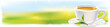 Panorama with Cup of tea and a natural green leaf.