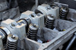 Car engine camshaft, valves, springs, selective focus
