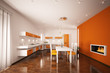 Moderne orange Küche mit Kamin interior 3d render