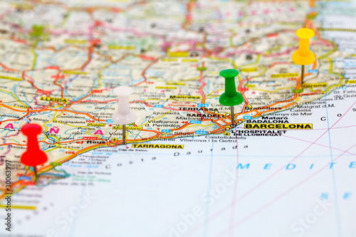 Photo: Road map with colored push pins of Barcelona in Spain Road map with colored push pins of Barcelona in Spain
