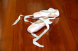 Photo: Ballet pointe shoes ballerina on the wooden studio floor Ballet pointe shoes ballerina on the wooden studio floor