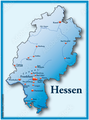 Vektor: Hessen Übersicht blau mit Rahmen Hessen Übersicht blau mit Rahmen