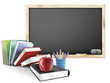 Classroom with Chalkboard Books Pens and Apple Classroom with Chalkboard Books Pens and Apple