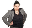 irritated overweight, fat businesswoman in grey suit