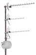 TV and communication aerials on residential house roof, isolated