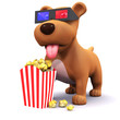 Illustration: 3d Dog eats popcorn at the cinema with his 3d glasses 3d Dog eats popcorn at the cinema with his 3d glasses
