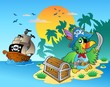 Pirate parrot and chest on island