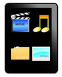 Black tablet pc with music,movie,documents and image icon Black tablet pc with music,movie,documents and image icon