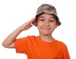 boy in camouflage hat saluting, isolated