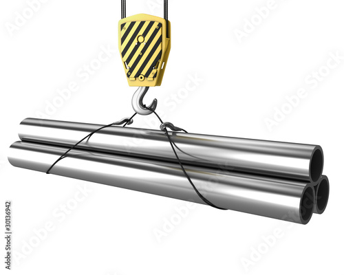 Illustration: Crane hook lifts up few pipes Crane hook lifts up few pipes