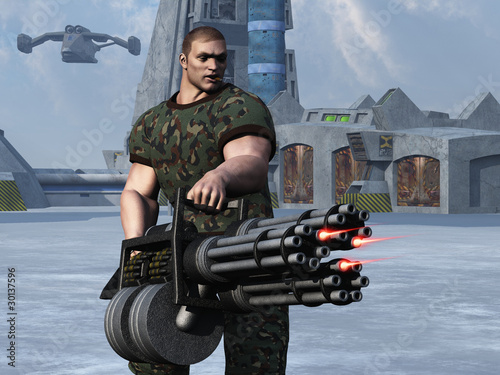 Illustration: Cigar smoking GI firing at enemies Cigar smoking GI firing at enemies