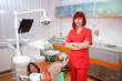 Image of young lady with dentist over her checking oral cavity .
