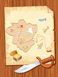 Old parchment with pirate map and dagger Old parchment with pirate map and dagger