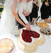 braut und bräutigam beim anschneiden hochzeitstorte