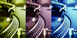 Three colored turntable record players Three colored turntable record players