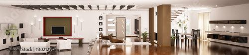Illustration: Modern apartment interior panorama 3d render Modern apartment interior panorama 3d render