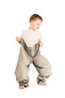 This photograph shows a boy in father's trousers