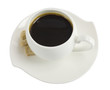 A cup of coffee with pieces of sugar