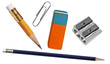 Photo: pen, eraser, paper clip and sharpener on white pen, eraser, paper clip and sharpener on white