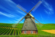 Mill on the background of the green field and blue sky