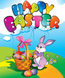 Easter bunny with a wicker basket. Happy Easter. Easter bunny with a wicker basket. Happy Easter.