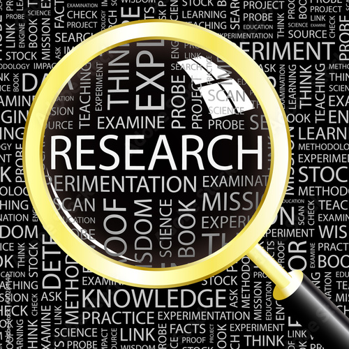 Vector: RESEARCH. Magnifying glass over different association terms. RESEARCH. Magnifying glass over different association terms.
