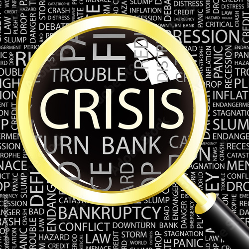 Vector: CRISIS. Magnifying glass over different association terms. CRISIS. Magnifying glass over different association terms.
