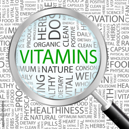 Vector: VITAMINS. Word collage on white background. VITAMINS. Word collage on white background.