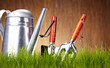 Garden tools on wooden wall