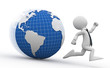 Business man running away from Earth